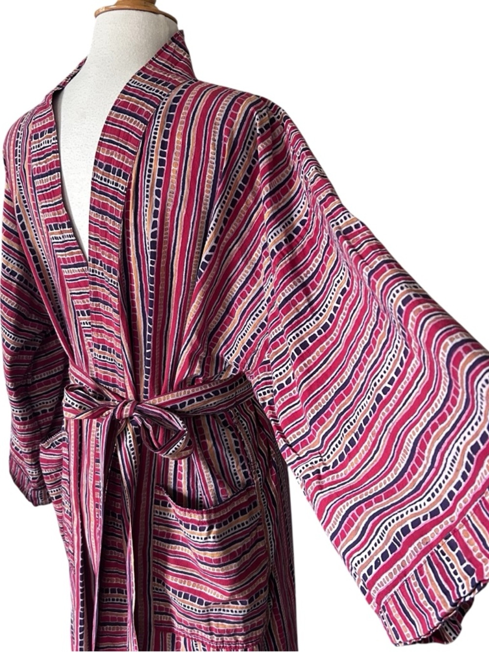 Vintage Batik Tribal Print Cotton Light weight Bath Robe with Belt - One Size - Picture 5 of 9